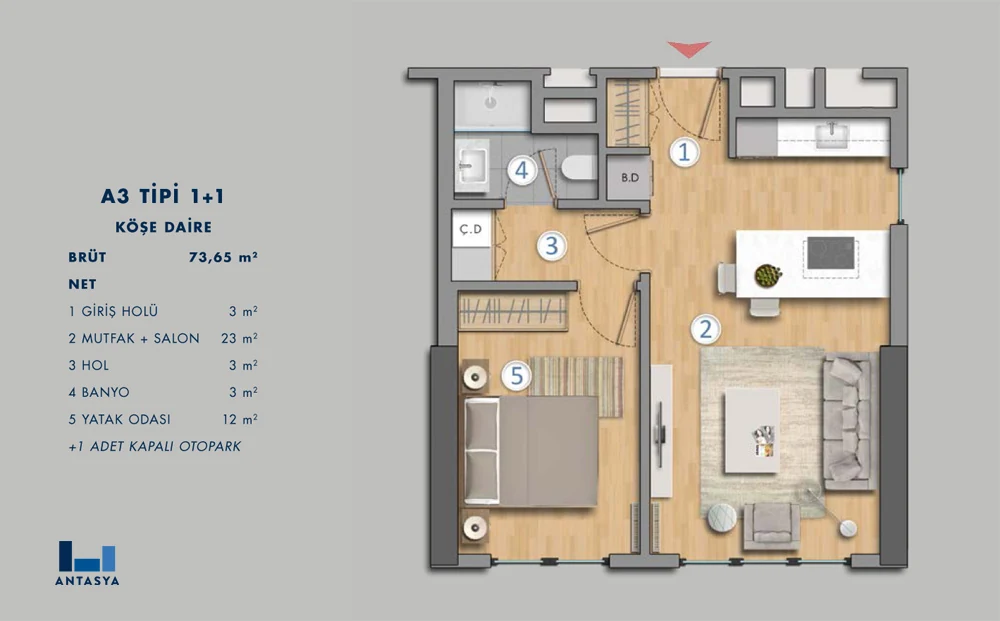 A3 Tipi 1+1 Köşe daire